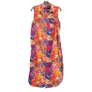 Lauren Tropical Beachy Vintage Maxi Midi Side Slit Shirt Dress Sleeveless Sz M